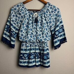Takara Girls Festival Romper Floral Print Boho Pom Pom Trim Drawstring Blue Sz S